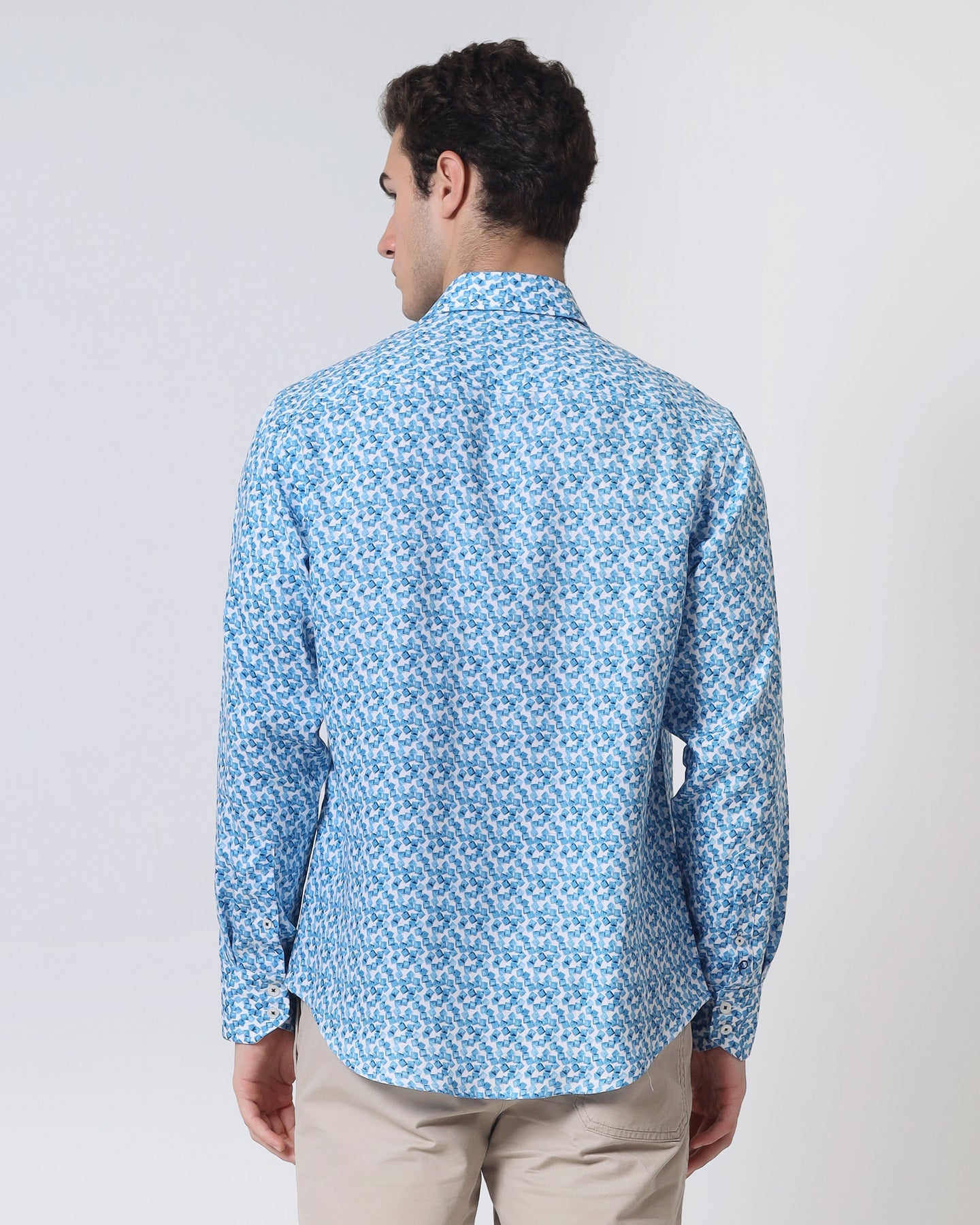 Quieti Modern Fit, Blue Box Print, Long Sleeve Woven Shirt